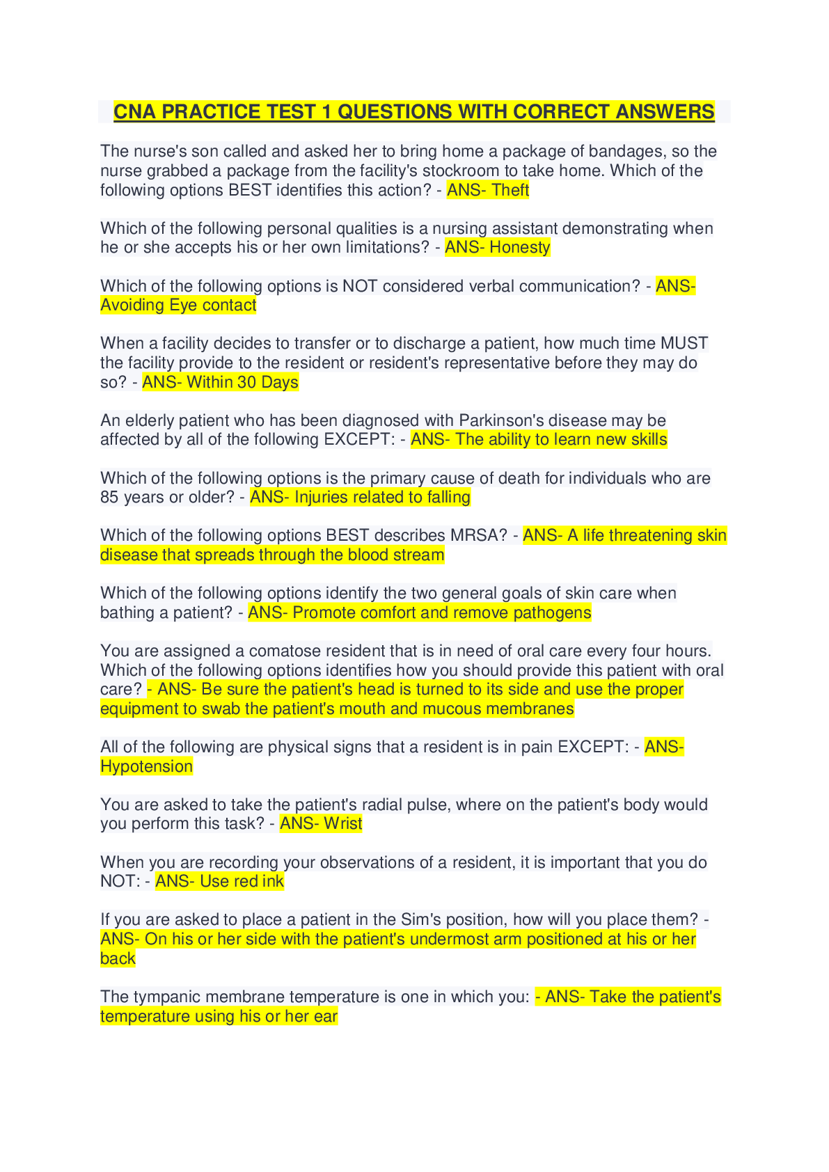 Preview image of CNA PRACTICE TEST 1 QUESTIONS WITH CORRECT ANSWERS document